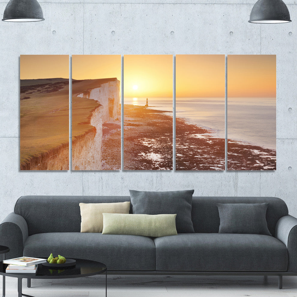 Sunrise over South Coast of England, Seashore Canvas Wall Art, 60"x28", 5 Panels