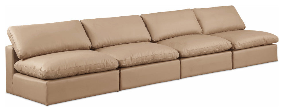 Comfy Upholstered Modular Sofa, Tan, 4-Piece: 4 Armless Chair, Vegan Leather