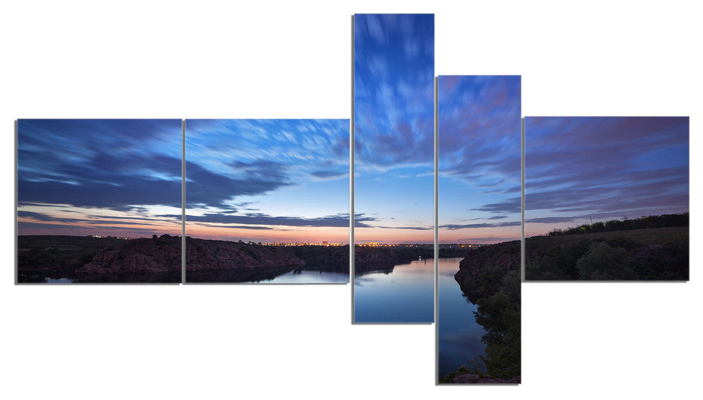 Clouds Reflection in River, Landscape Photo Canvas Print, 60"x32", 5 panels