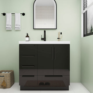 Carla 36" Freestanding Bathroom Vanity With Left Side Drawers, Gloss Black