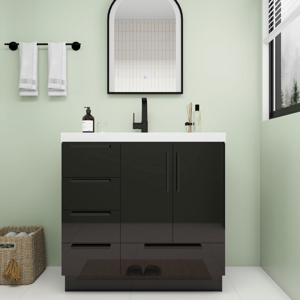 Carla 36" Freestanding Bathroom Vanity With Left Side Drawers, Gloss Black