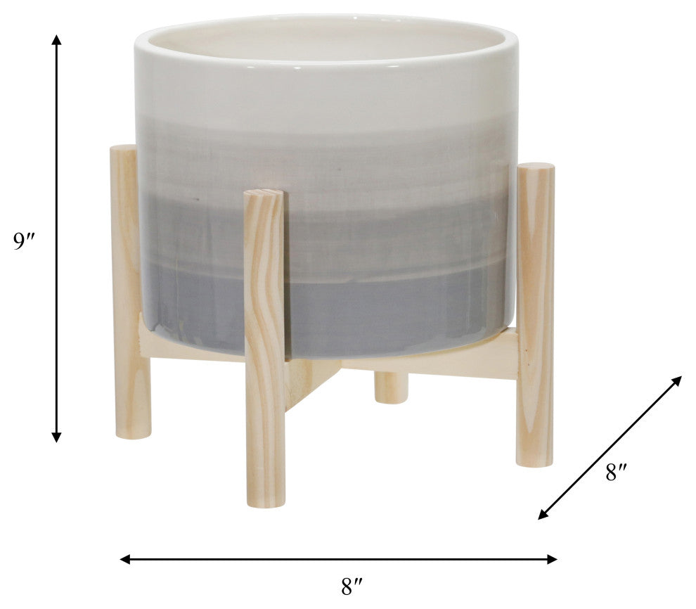 8" Ceramic Planter With Wood Stand, Beige Mix