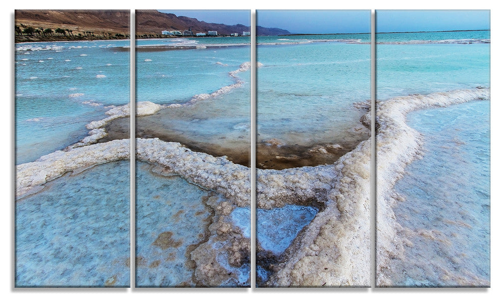 Beautiful Coast of the Dead Sea, Large Beach Canvas Wall Art, 48"x28", 4 Panels