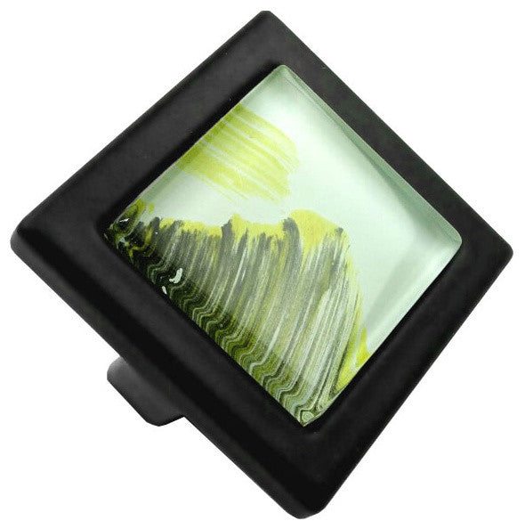 Hand Brushed Abstract Moss Streaks Crystal Glass Black Metal Square Manor Knob