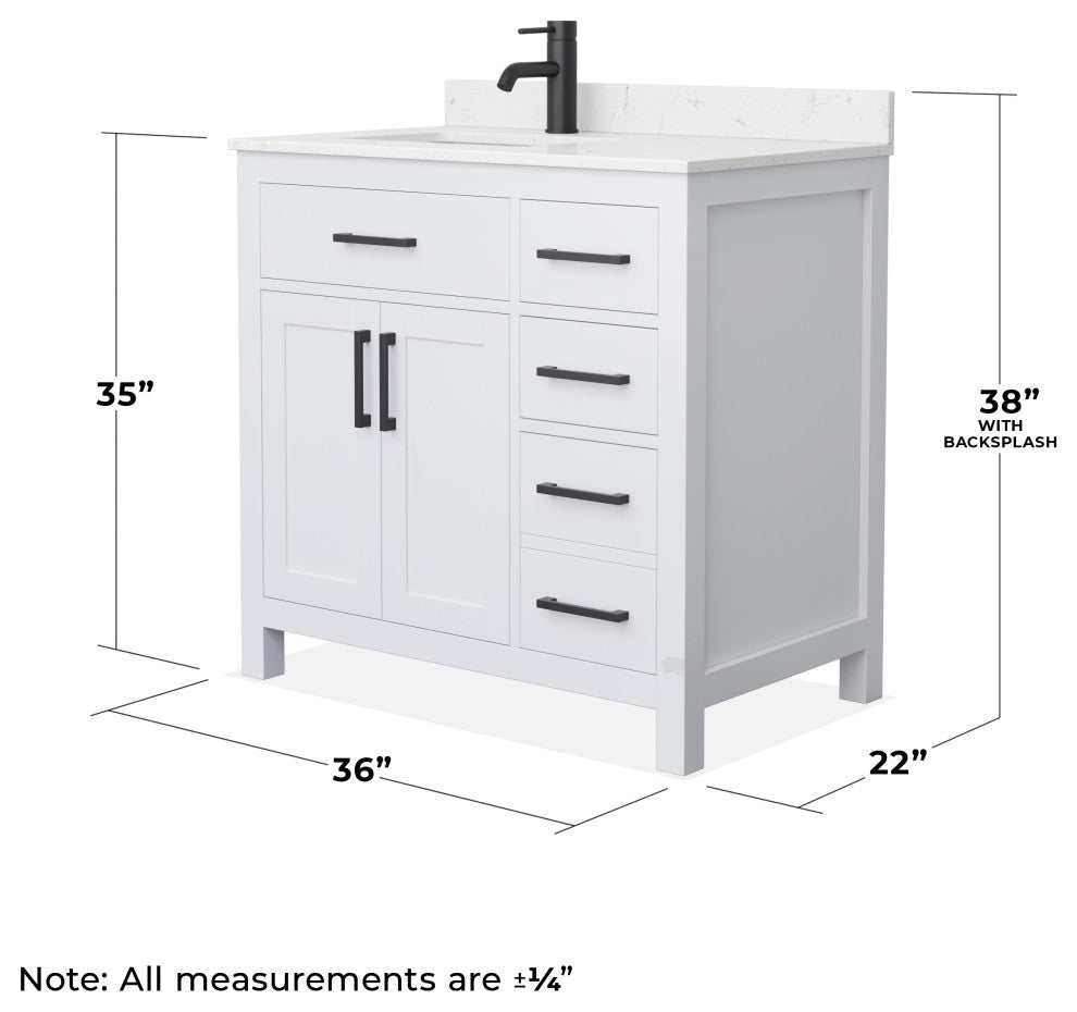 Beckett 36" White Single Vanity, Carrara Cultured Marble Top, Black Trim