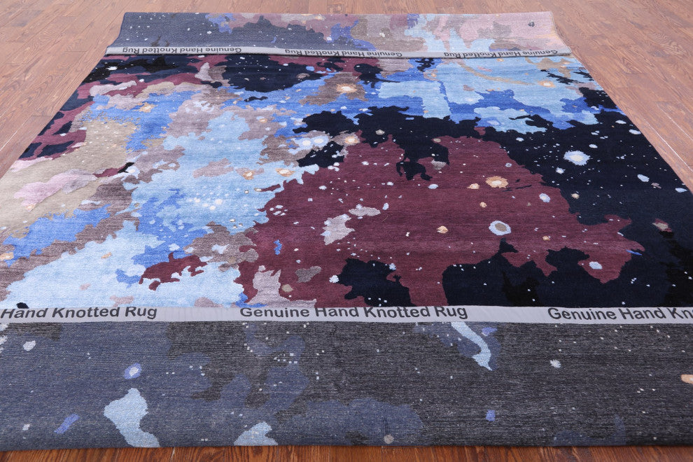 9' 0" X 11' 9" Contemporary Hand Knotted Wool and Silk Galaxy Design Rug Q6166