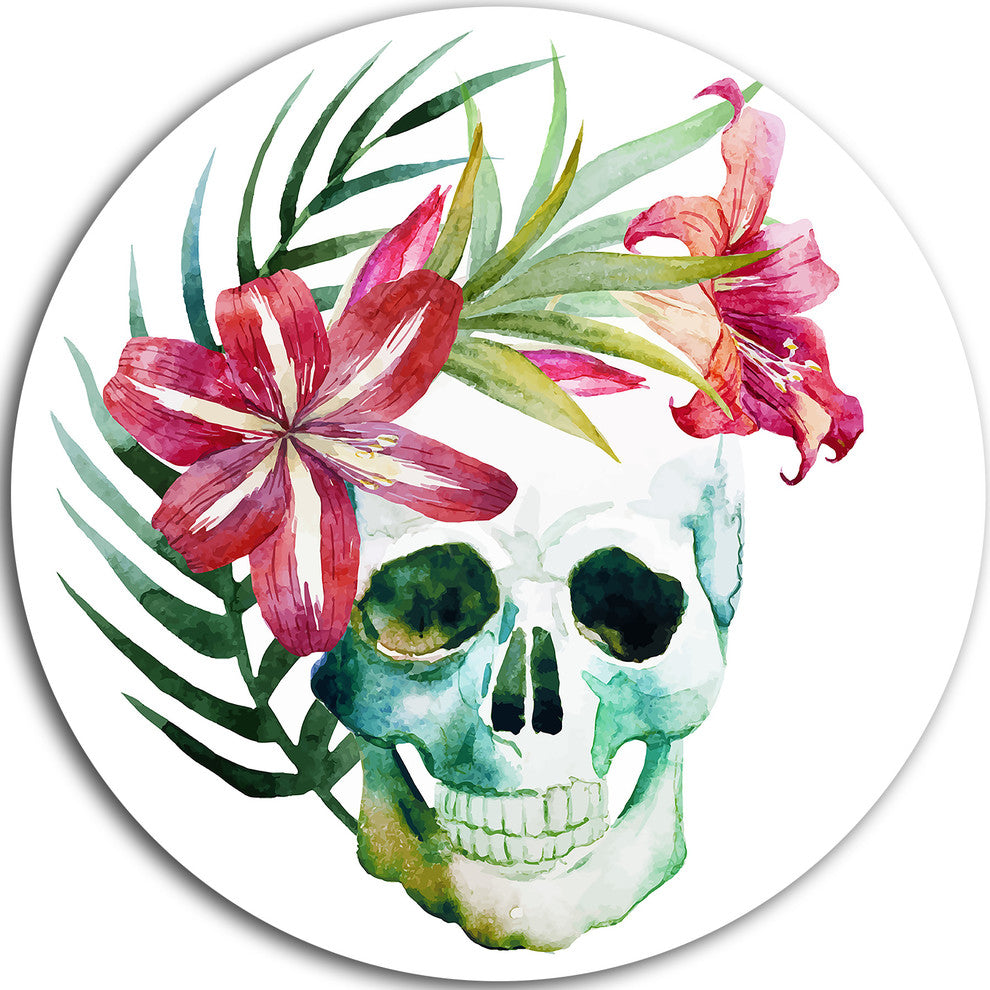 Watercolor Skull With Flowers, Floral Large Disc Metal Wall Art, 36"