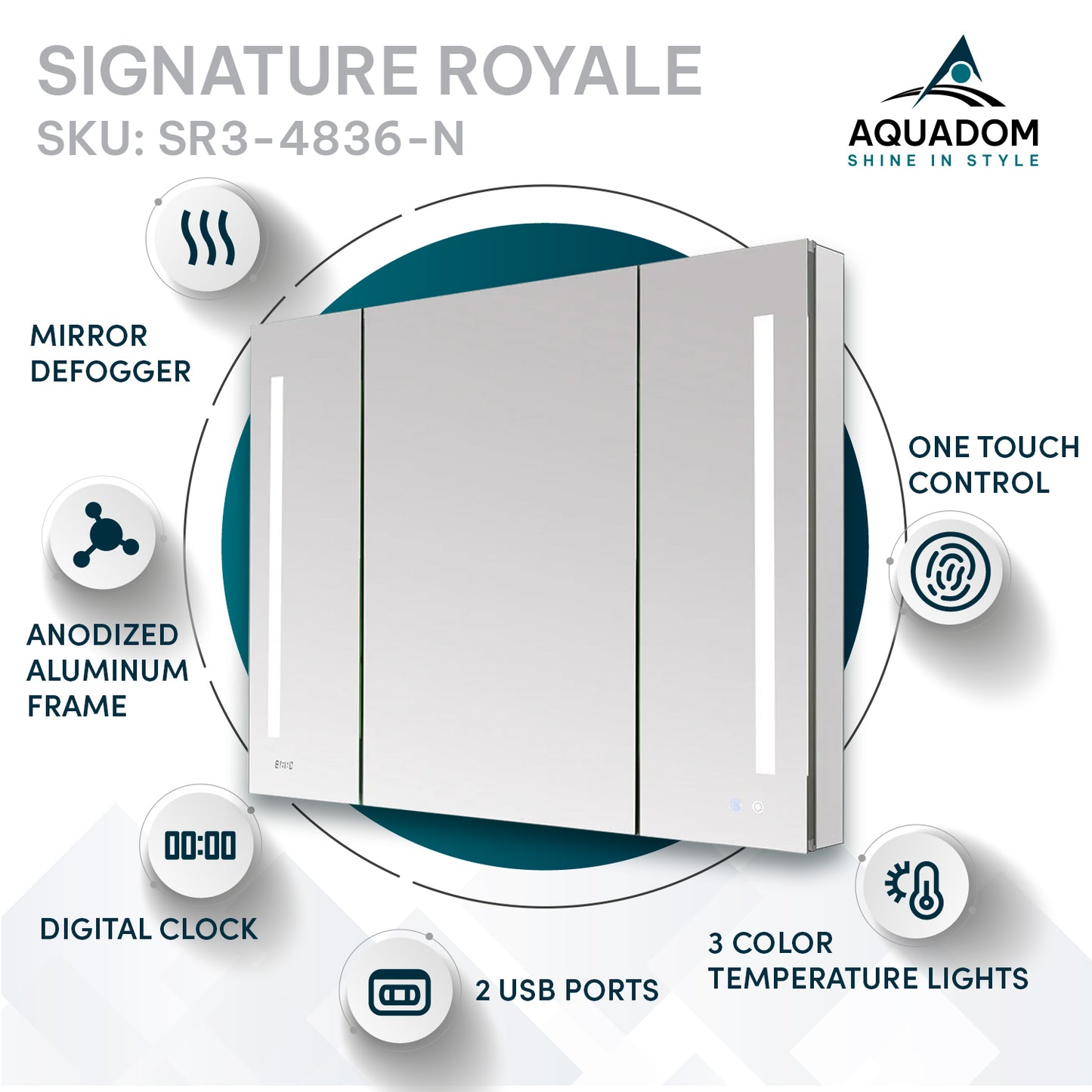Signature Royale 48" LED Medicine Cabinet Defogger, Adjustable Magnifying Mirror