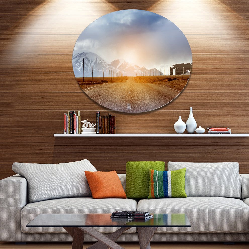 Straight Road Under Blue Sky, Landscape Wall Disc Metal Wall Art, 36"
