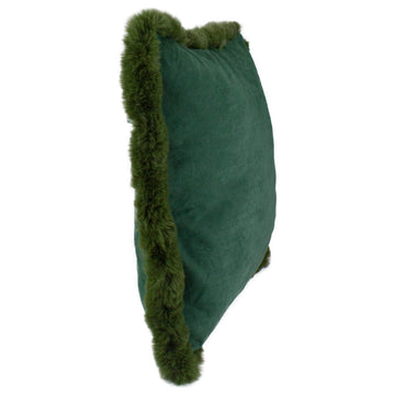 17" Dark Green Velvet Throw Pillow with Faux Fur Fringe Edging