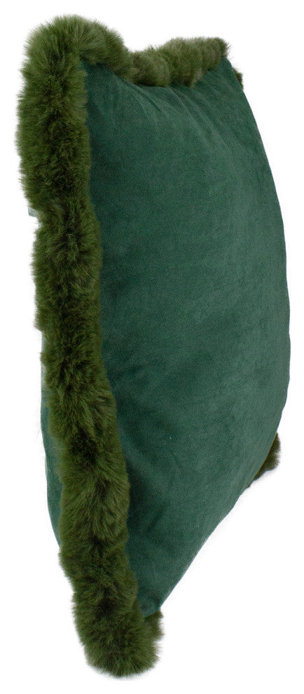 17" Dark Green Velvet Throw Pillow with Faux Fur Fringe Edging