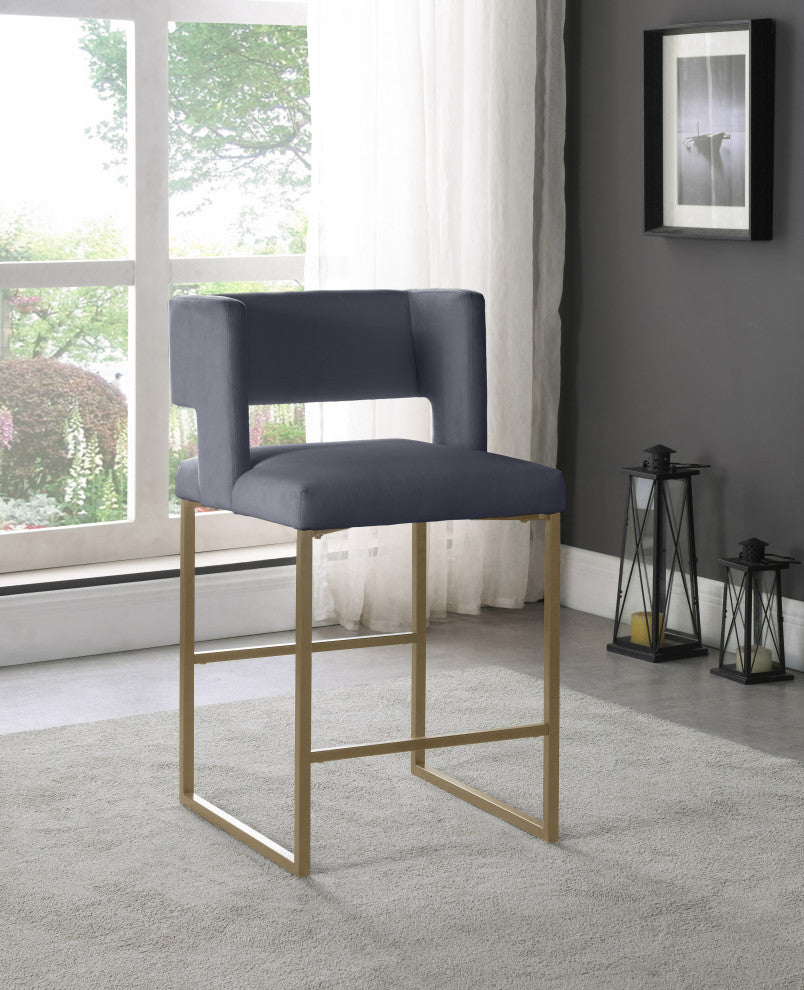 Caleb Upholstered Counter Stool, Set of 2, Gray, Velvet, Brushed Gold