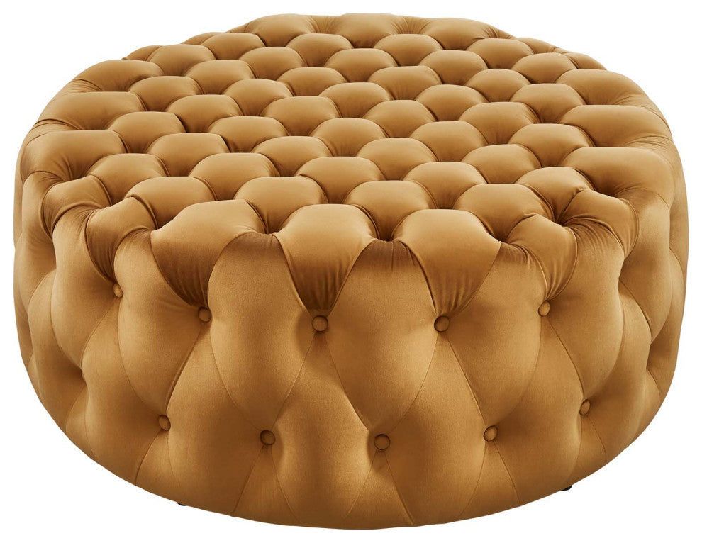 Round Ottoman Accent Tufted Chair, Brown, Velvet, Modern, Lounge Hospitality