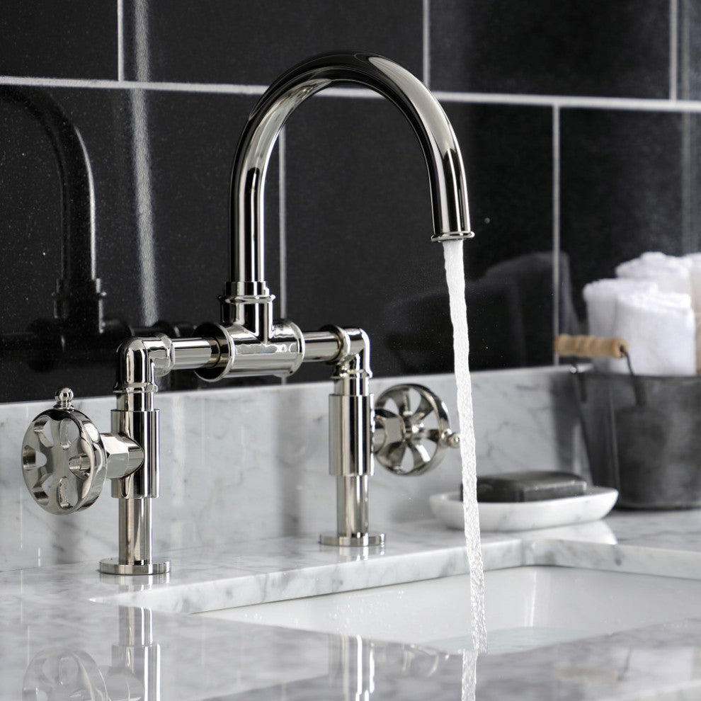 Belknap Style Wheel Handle Bridge Bathroom Faucet With Drain, Polished Nickel