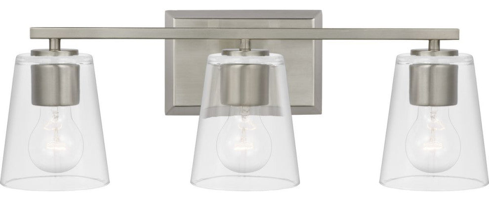 Vertex Collection Three-Light Brushed Nickel Clear Glass Contemporary Bath Light