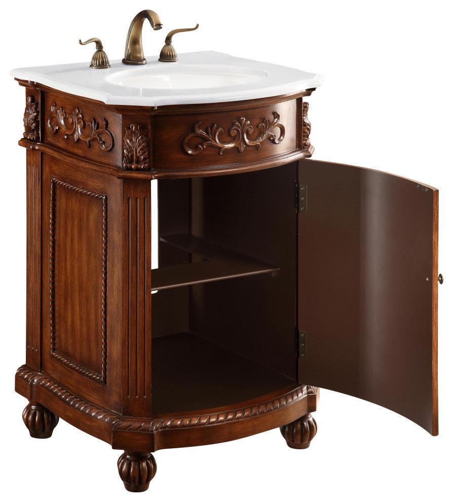 24" Single Bathroom Vanity, Brown With Ivory White Engineered Marble Top