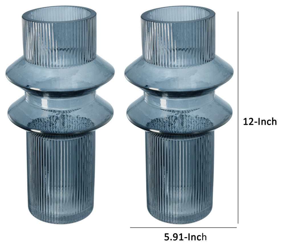 Benzara BM284992 2-Piece Set Glass Vases, Tall Cylinders, Smokey Blue/Clear