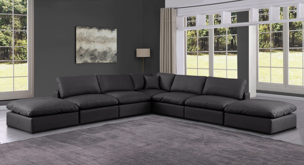 Comfy Upholstered L-Shaped Modular Sectional, Black, 7-Piece: 4 Armless Chair, 1 Corner Chair, 2 Ottoman, Vegan Leather