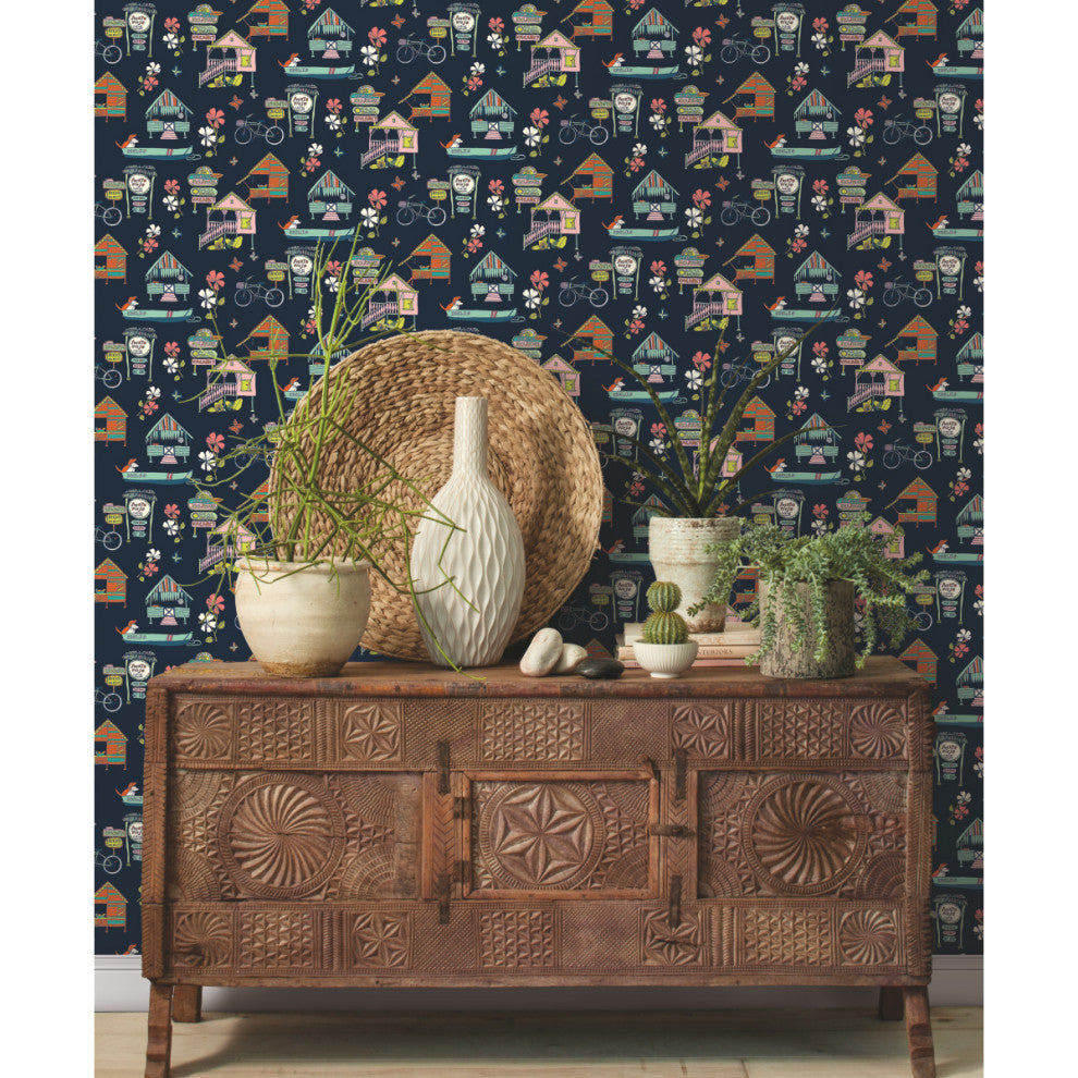 Holalola Caribbean Peel and Stick Wallpaper, Dark Blue