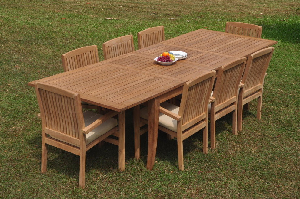 9-Piece Teak Dining Set: 122" X-Large Rectangle Table, 8 Wave Stacking Chairs