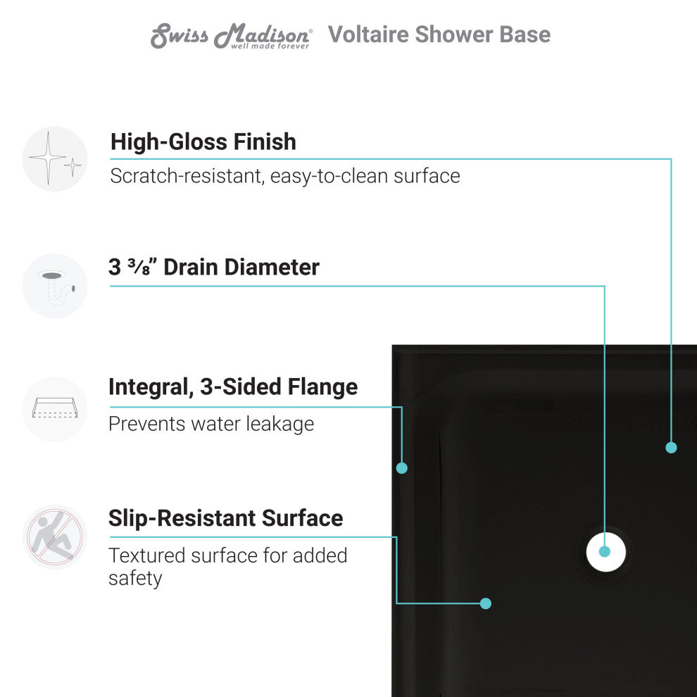 Voltaire 36"x36" Acrylic Black, Single-Threshold, Center Drain, Shower Base