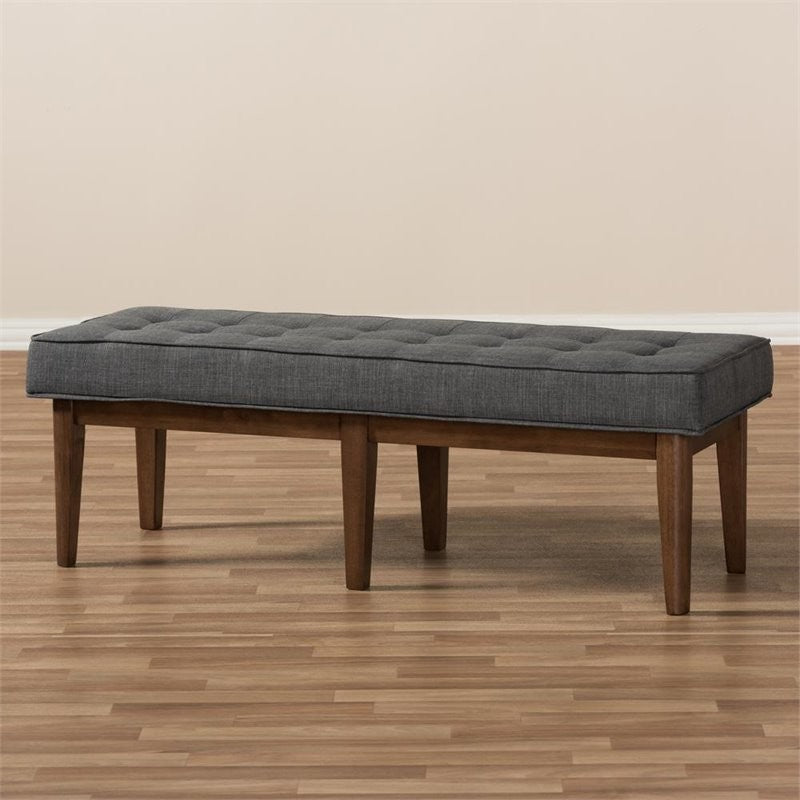 Lucca Mid-Century Modern Walnut Wood Dark Gray Button-Tufted Bench