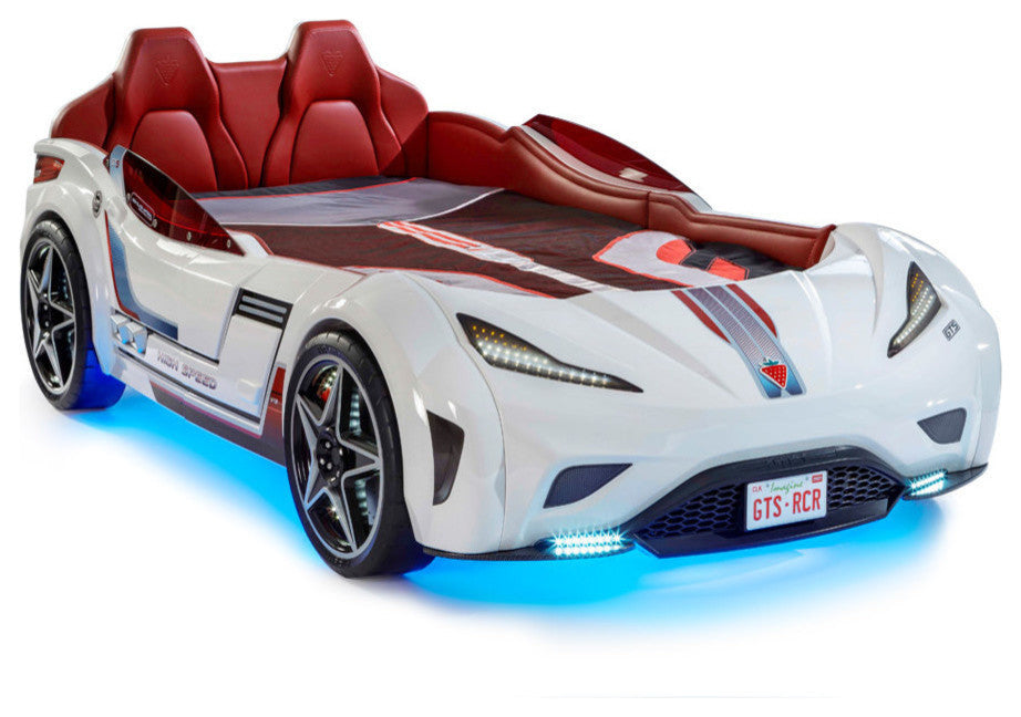 GTS EV Twin-Size Race Car Bed, Remote Control, LED Lights, EV Sound FX, White