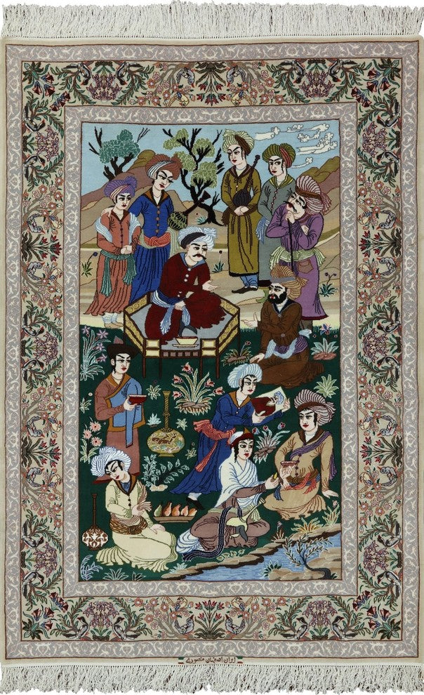 Authentic Persian Isfahan Pictorial Scene Hand Knotted Wool and Silk Rug, 4x6