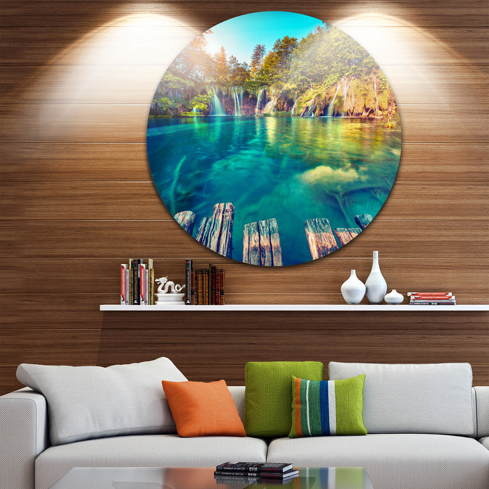 Blue Waters In Plitvice Lakes, Landscape Photo Round Metal Artwork, 23"