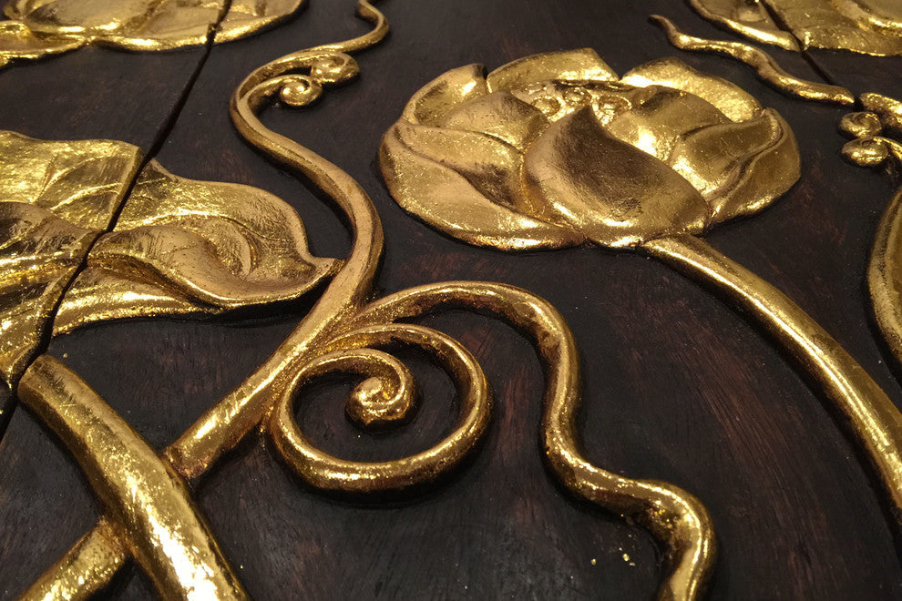 Asian Gold Wood Carved Lotus Flower and Moon Relief Wall Art Panels. 36"