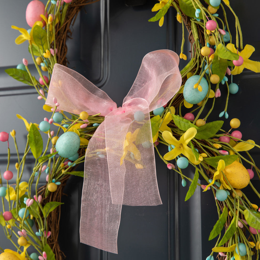 24.5"H Easter Bunny Shaped Wreath With Eggs and Satin Ribbon Bow