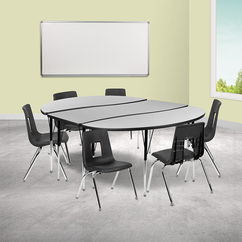 86" Oval Laminate Activity Table Set W/16" Student Stack Chairs, Grey/Black