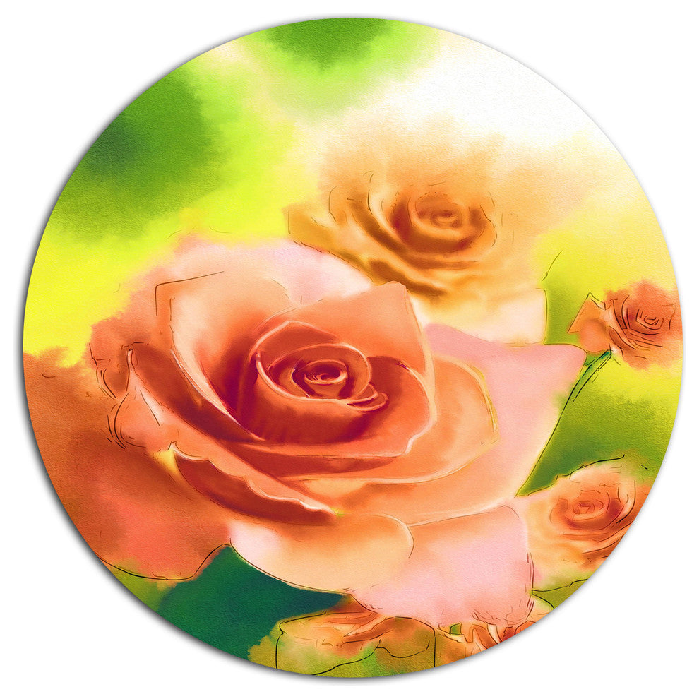 Beautiful Watercolor Roses On Green, Flower Round Metal Wall Art, 36"
