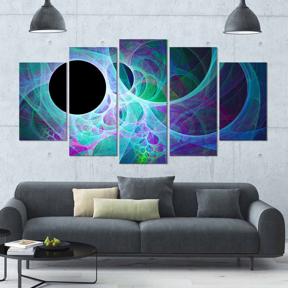 Blue Angel Wings on Black, Contemporary Wall Art Canvas, 60"x32", 5 Panels