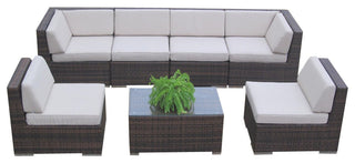 Ohana 7-Piece Deep Seating Sectional Set, Beige Sunbrella, Brown Wicker