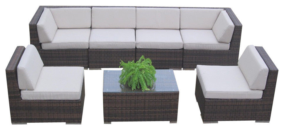 Ohana 7-Piece Deep Seating Sectional Set, Beige Sunbrella, Brown Wicker