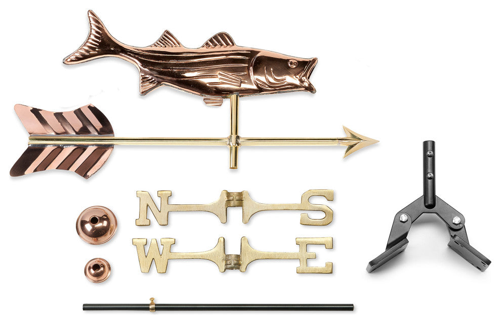 Bass With Arrow Cottage Weathervane, Pure Copper With Roof Mount