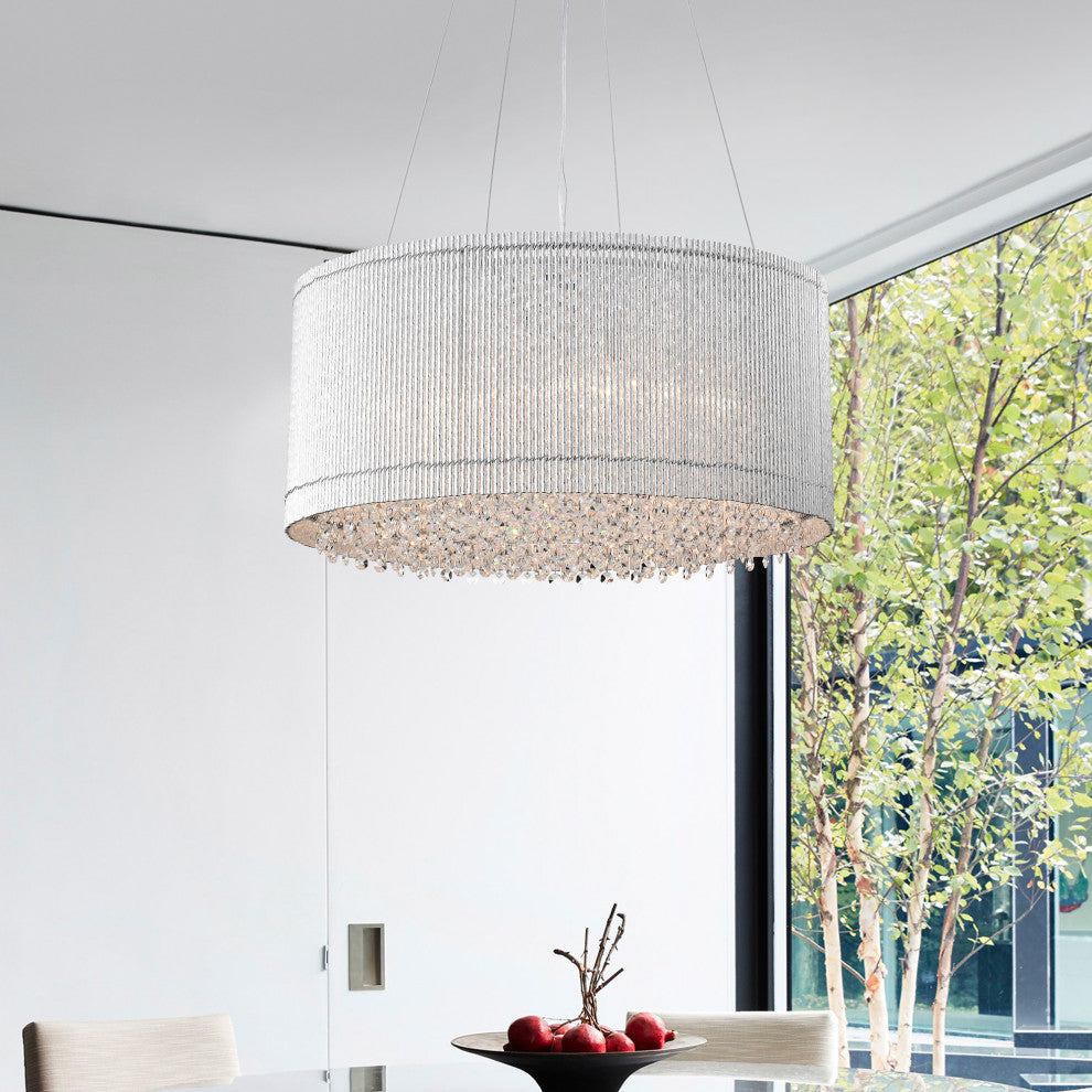 22 in. 5-Light Chrome Tubes Drum Shade Chandelier With Hanging Crystals