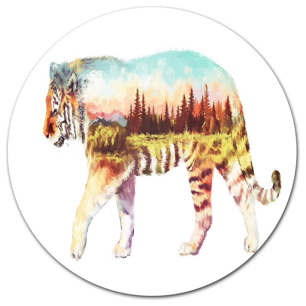 Tiger Double Exposure Illustration, Animal Round Metal Wall Art, 36"