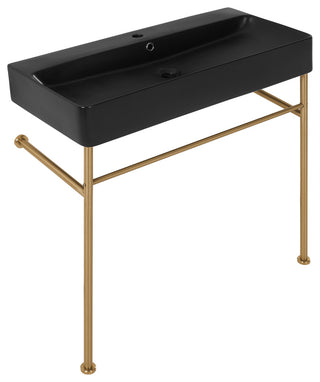 Carre 36" Ceramic Console Sink Matte Black Basin Gold Legs, Brushed Gold