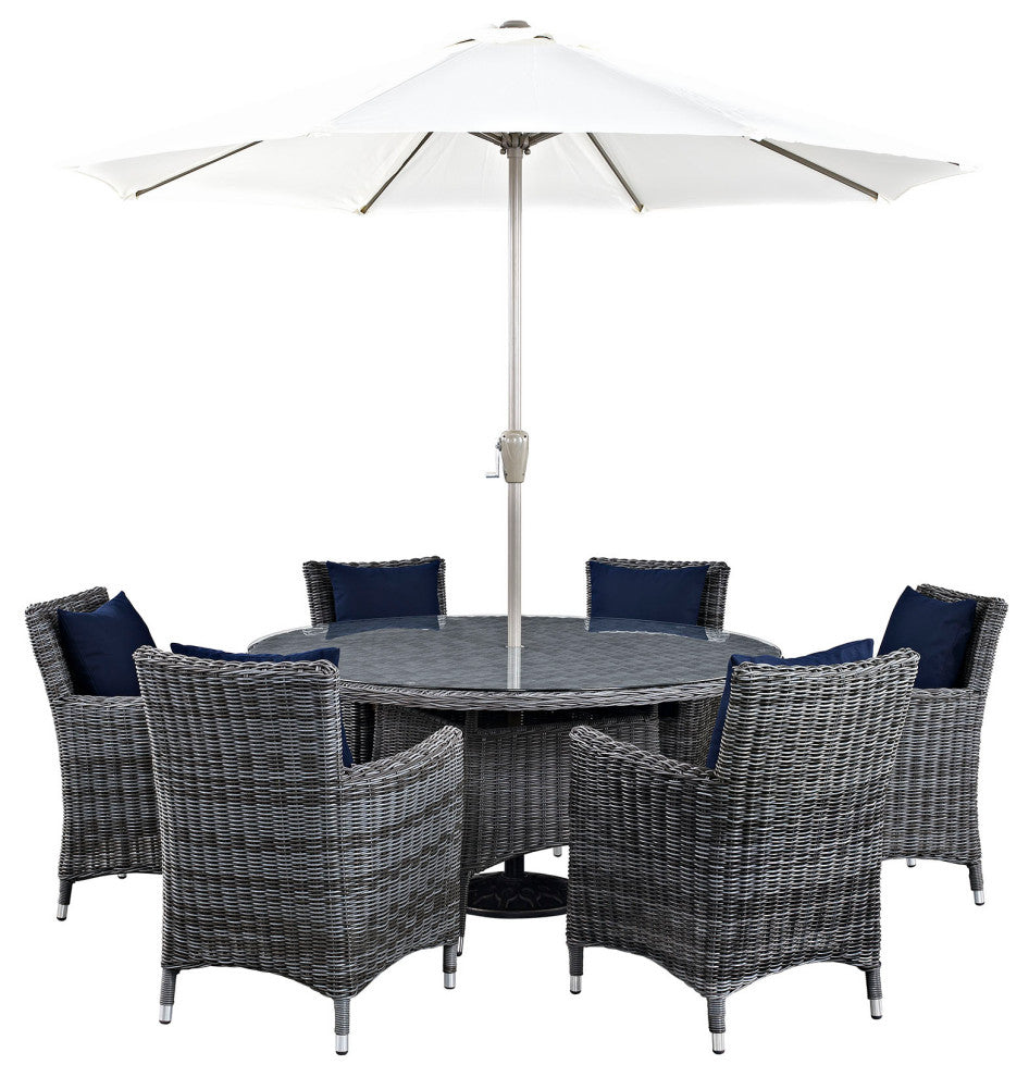 Modway Summon 8 Piece Outdoor Patio Sunbrella Dining Set, Canvas Navy