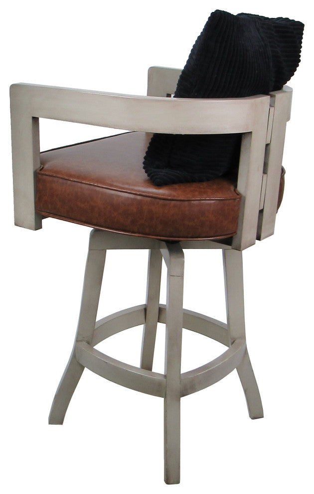 Swivel Wood Bar Stool Kadir Pillow on S-Base, Marble Brown Vinyl - Black Pillow - Beige, 34"