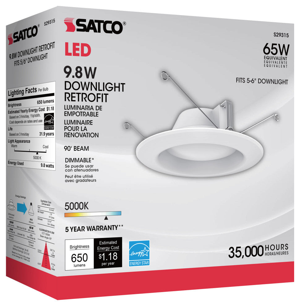 9.8 Watt LED Downlight Retrofit - 5 - 6" - 5000K - 120 Volt