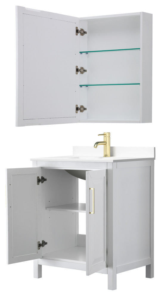 30"SGL Vanity White, White Cult. Marble Countertop, Sink, Med.Cabinet, Gold Trim