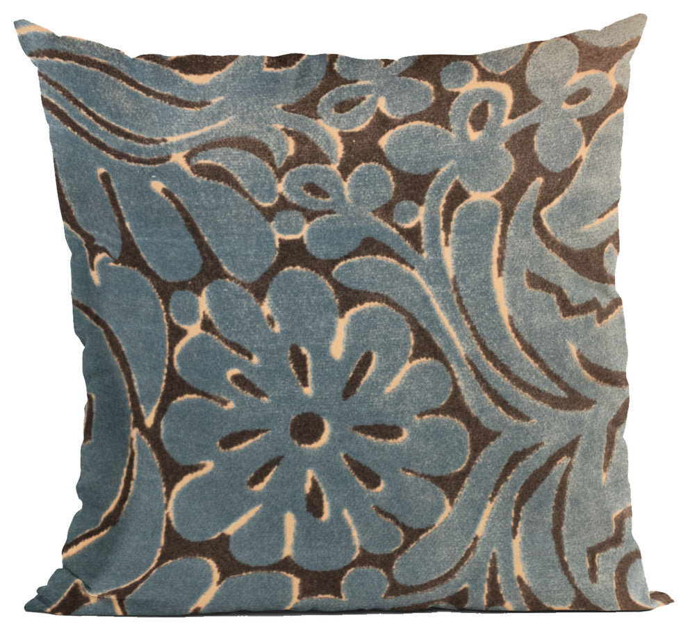 Plutus Blue Flower Velvet Paisley Luxury Throw Pillow, 26"x26"