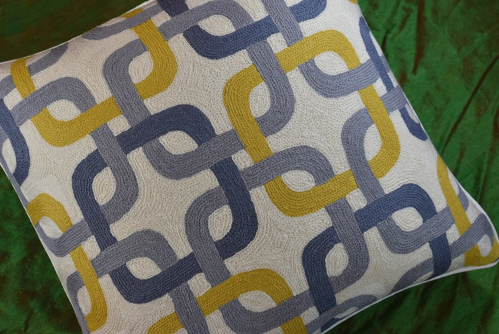 Gotcha Geometric Suzani Ivory Gray Gold Pillow Cover Handembroidered Wool 20x20"