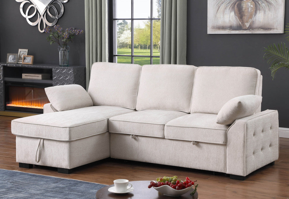 Mackenzie 91" Chenille Reversible Sleeper Sectional, Drop-Down Table, Beige