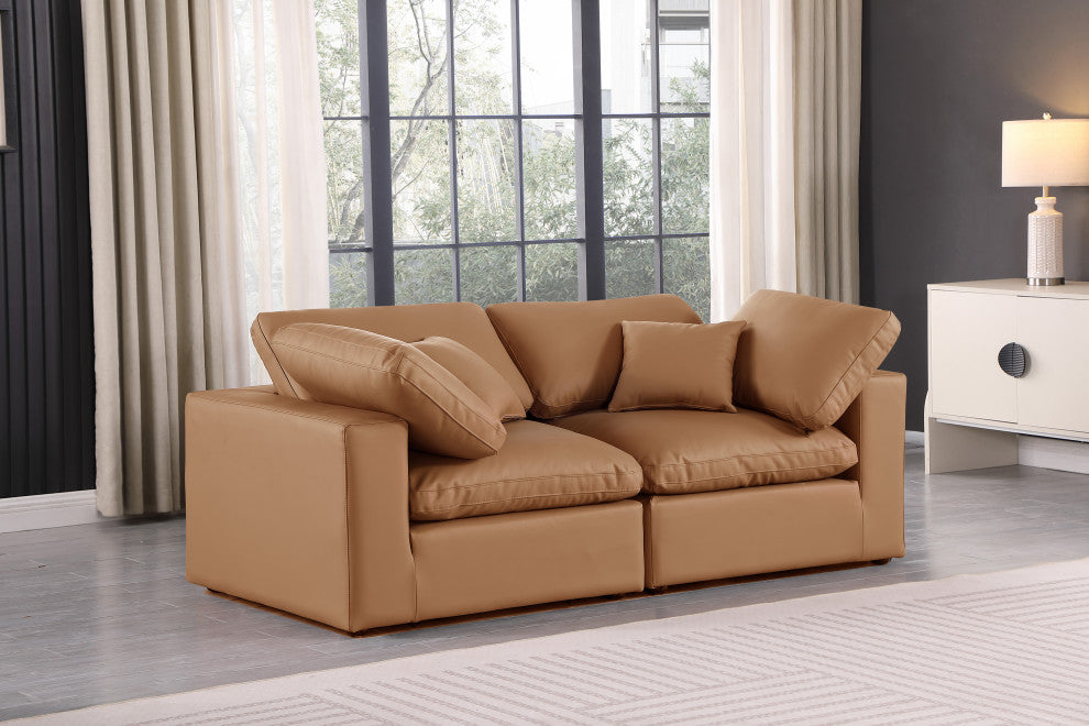 Comfy Upholstered Modular Sofa, Cognac, 2-Piece: 2 Corner Chair, Vegan Leather