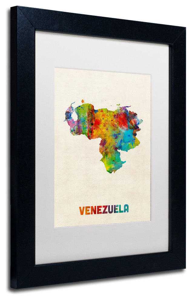 'Venezuela Watercolor Map' Matted Framed Canvas Art by Michael Tompsett