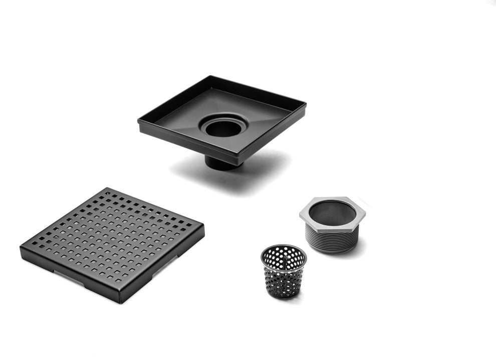 HEATGENE Square Shower Drain With Flat Cover, Matt Black, 6"